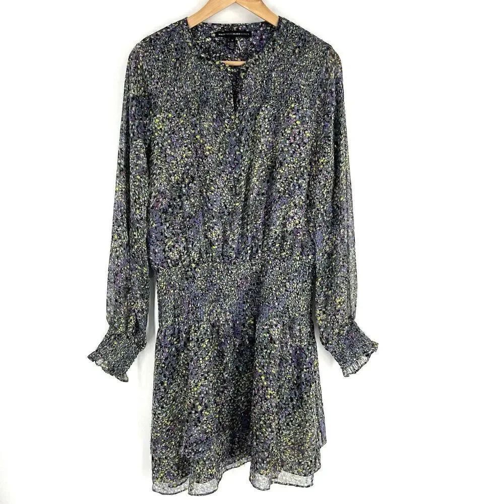 White House Black Market Dress Size Medium Green Print Smocked Tiered Layered